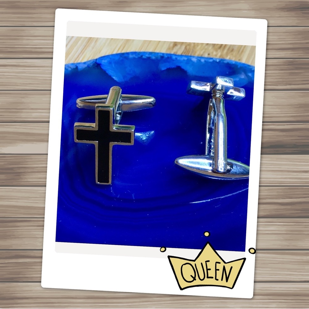 Silver Cross Cufflinks  Religious Black Enamel